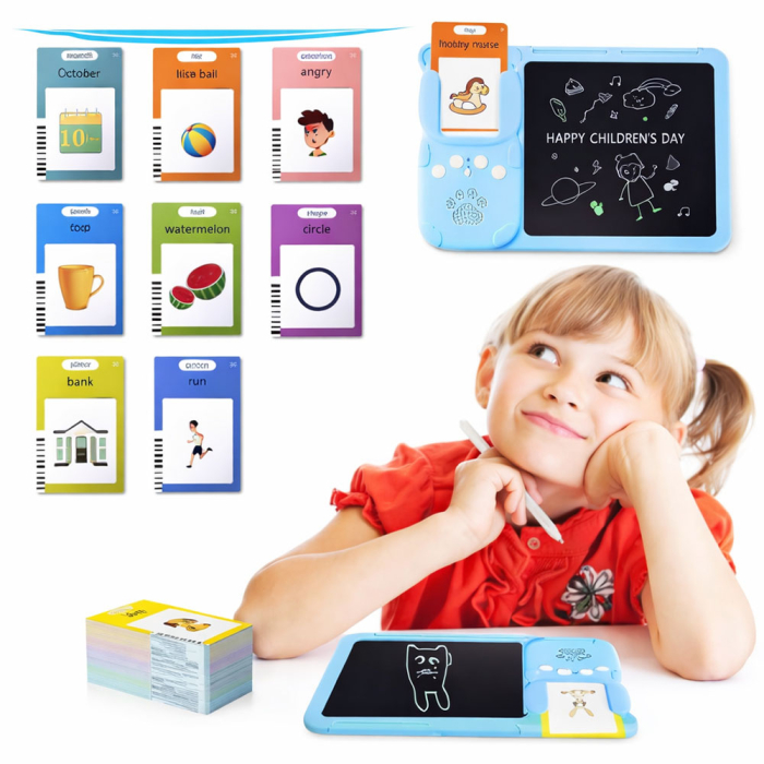 Tableta educativa Card Reader learn english, pentru copii, ecran desen cu stilou, carduri interactive cu imagini si cuvinte, invatare engleza, dezvoltare creativitate, Albastru [3]