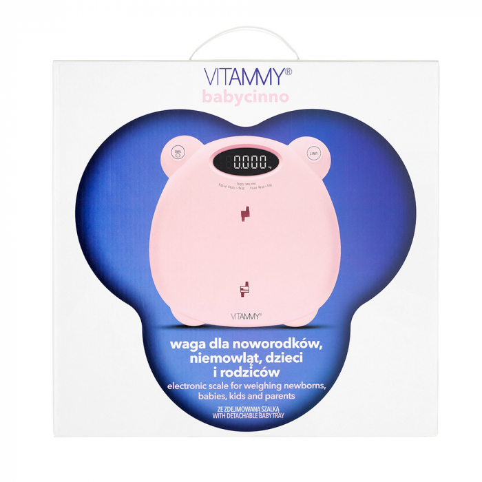 Cantar electronic Vitammy Babycinno, 4 in 1, pentru nou-nascuti, bebelusi, copii si adulti, tava detasabila, ecran LCD, greutate maxima 120 kg, Roz [9]