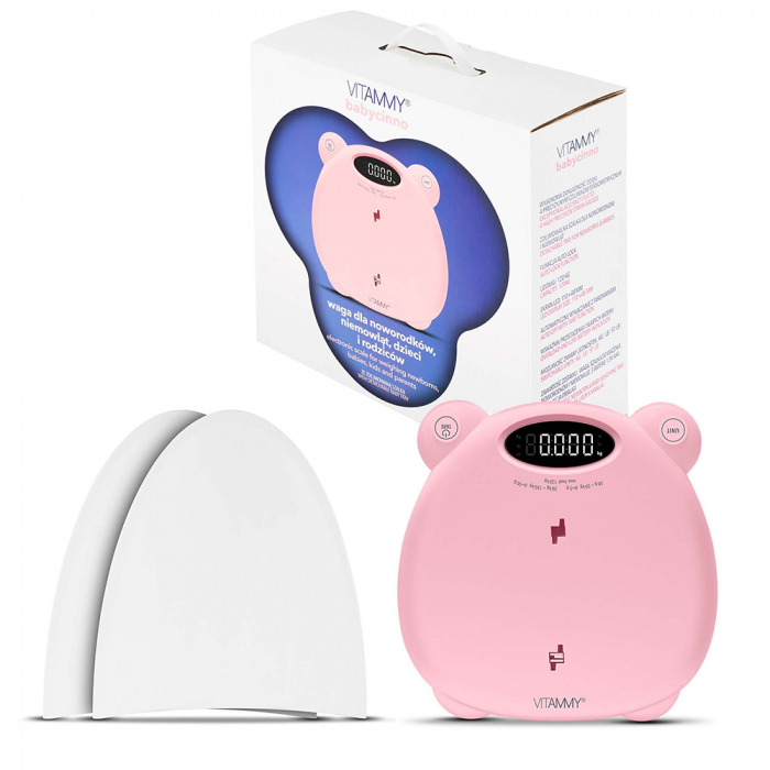 Cantar electronic Vitammy Babycinno, 4 in 1, pentru nou-nascuti, bebelusi, copii si adulti, tava detasabila, ecran LCD, greutate maxima 120 kg, Roz [2]
