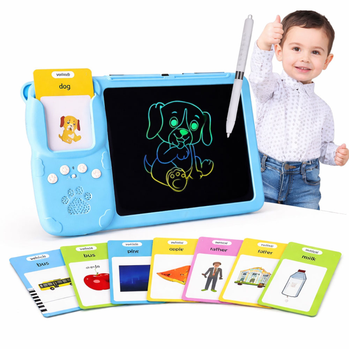 Tableta educativa Card Reader learn english, pentru copii, ecran desen cu stilou, carduri interactive cu imagini si cuvinte, invatare engleza, dezvoltare creativitate, Albastru [2]