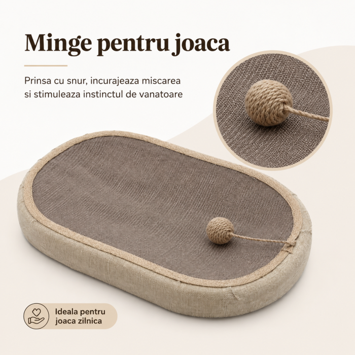 Ansamblu de zgariat pentru pisici, tip culcus, cu minge pentru joaca, constructie usoara, 57 x 36 x 6.5 cm, Bej [2]