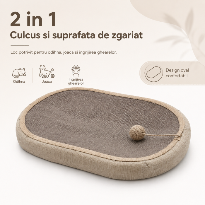 Ansamblu de zgariat pentru pisici, tip culcus, cu minge pentru joaca, constructie usoara, 57 x 36 x 6.5 cm, Bej [3]