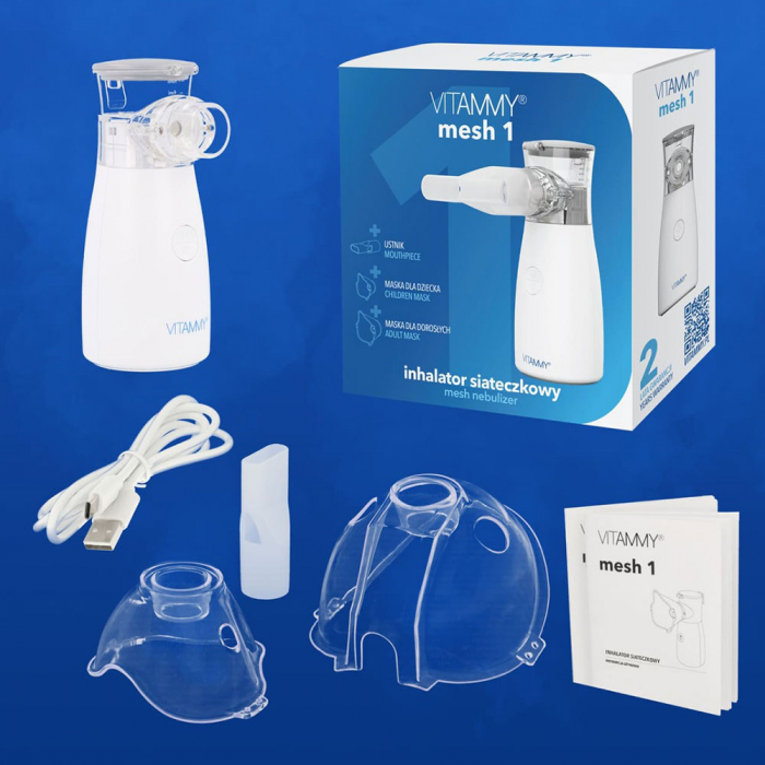 Aparat aerosoli cu tehnologie mesh Vitammy Mesh 1, pentru copii si adulti, portabil, 2 viteze de nebulizare, cablu USB, masca copii si adulti, silentios, Alb [6]