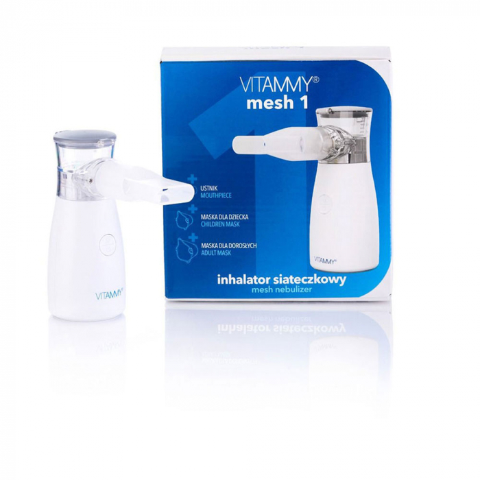 Aparat aerosoli cu tehnologie mesh Vitammy Mesh 1, pentru copii si adulti, portabil, 2 viteze de nebulizare, cablu USB, masca copii si adulti, silentios, Alb [2]