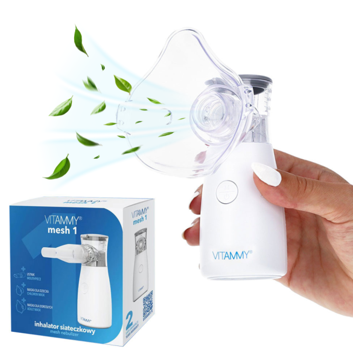 Aparat aerosoli cu tehnologie mesh Vitammy Mesh 1, pentru copii si adulti, portabil, 2 viteze de nebulizare, cablu USB, masca copii si adulti, silentios, Alb [1]