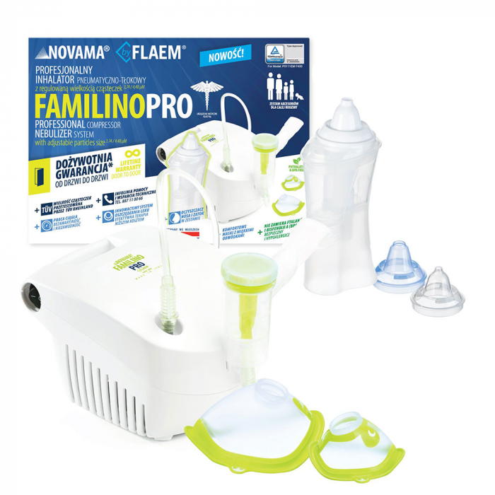 Aparat aerosoli Novama Familino Pro by Flaem, nebulizator cu compresor, Irigator nazal Rhino Clear Ergo, filtru de rezerva Porex, 2 moduri de nebulizare, dimensiuni particule reglabile, masca copii si adulti, fara ftalati si BPA, Alb [3]