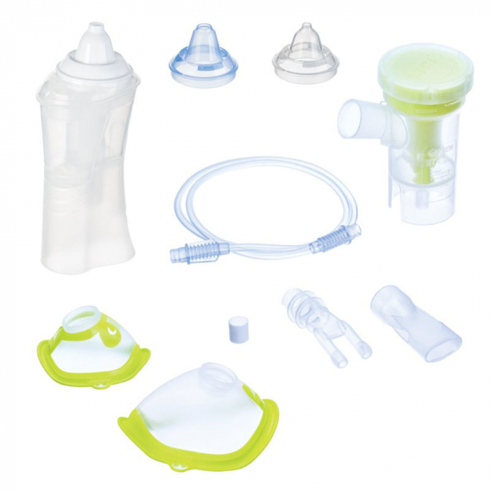 Aparat aerosoli Novama Familino Pro by Flaem, nebulizator cu compresor, Irigator nazal Rhino Clear Ergo, filtru de rezerva Porex, 2 moduri de nebulizare, dimensiuni particule reglabile, masca copii si adulti, fara ftalati si BPA, Alb [11]