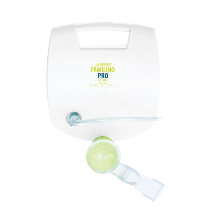 Aparat aerosoli Novama Familino Pro by Flaem, nebulizator cu compresor, Irigator nazal Rhino Clear Ergo, filtru de rezerva Porex, 2 moduri de nebulizare, dimensiuni particule reglabile, masca copii si adulti, fara ftalati si BPA, Alb [6]