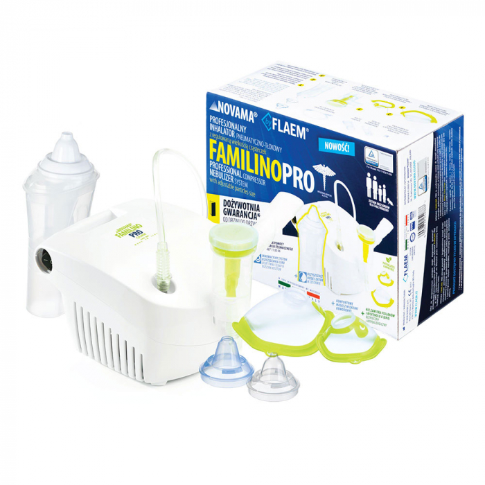Aparat aerosoli Novama Familino Pro by Flaem, nebulizator cu compresor, Irigator nazal Rhino Clear Ergo, filtru de rezerva Porex, 2 moduri de nebulizare, dimensiuni particule reglabile, masca copii si adulti, fara ftalati si BPA, Alb [4]