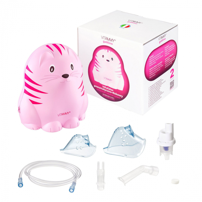 Aparat aerosoli Vitammy Gattino A1503, nebulizator cu compresor, set complet de accesorii, Roz [2]