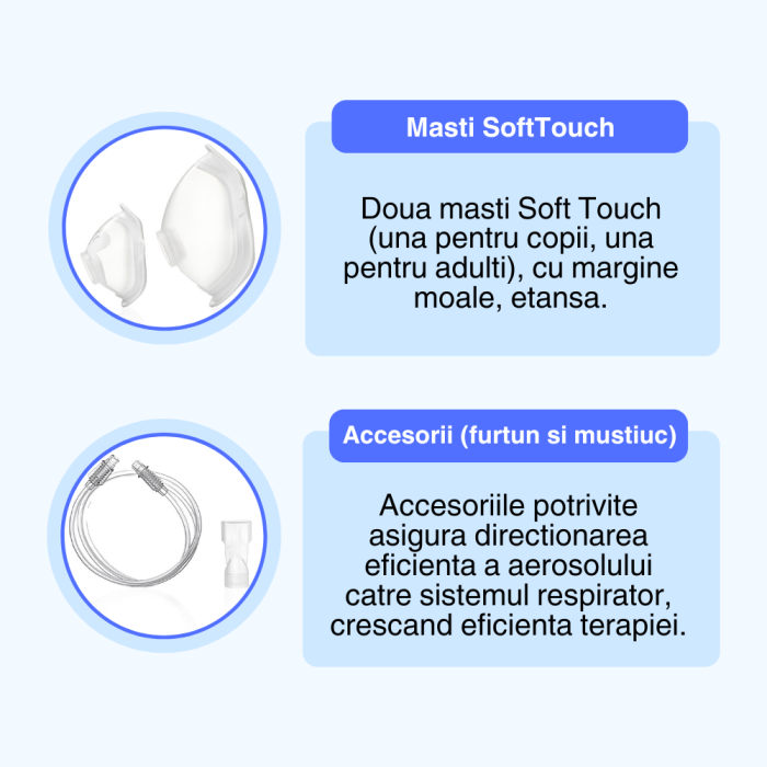 Aparat de aerosoli Novama N, nebulizator cu compresor, functionare continua, sistem de economisire a medicamentului, fabricat fara bisfenol (BPA) si ftalati, masca copii si adulti SoftTouch, mustiuc [5]
