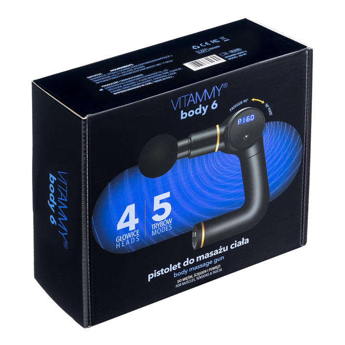 Aparat de masaj ergonomic tip pistol Vitammy Body 6, portabil, 4 capete de masaj, 5 trepte de viteza, baterie litiu-ion, USB-C, Negru [4]