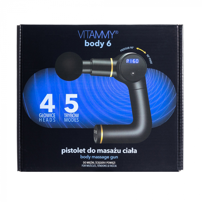 Aparat de masaj ergonomic tip pistol Vitammy Body 6, portabil, 4 capete de masaj, 5 trepte de viteza, baterie litiu-ion, USB-C, Negru [8]