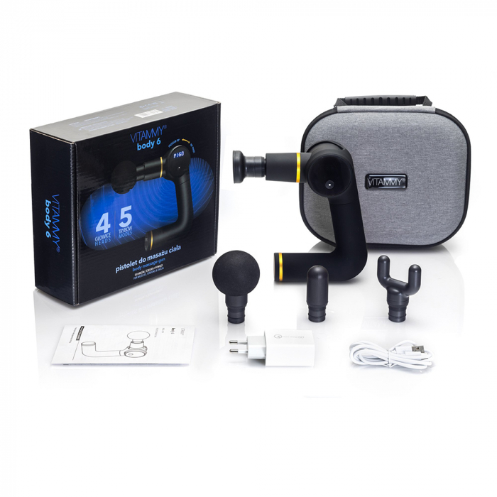 Aparat de masaj ergonomic tip pistol Vitammy Body 6, portabil, 4 capete de masaj, 5 trepte de viteza, baterie litiu-ion, USB-C, Negru [5]