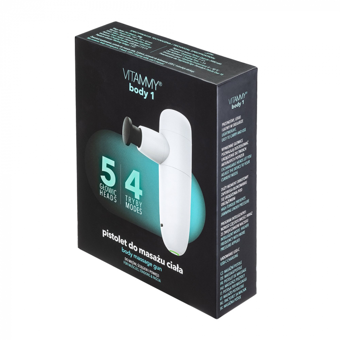 Aparat de masaj tip pistol Vitammy Body 1, portabil, 5 capete de masaj, 4 trepte de viteza, baterie litiu-ion, USB-C, Alb [5]
