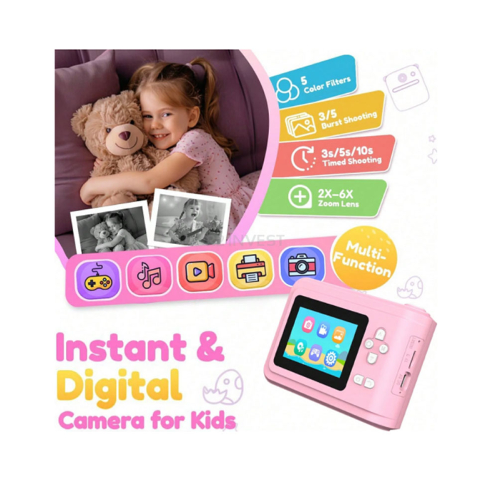 Aparat foto instant pentru copii RedLine S7 Pink, foto si video 1080P, printare instant alb-negru, ecran 2.4 inch, zoom 2X-6X, filtre si rame, jocuri integrate, card SD, cablu type-C, portabil, Roz [4]