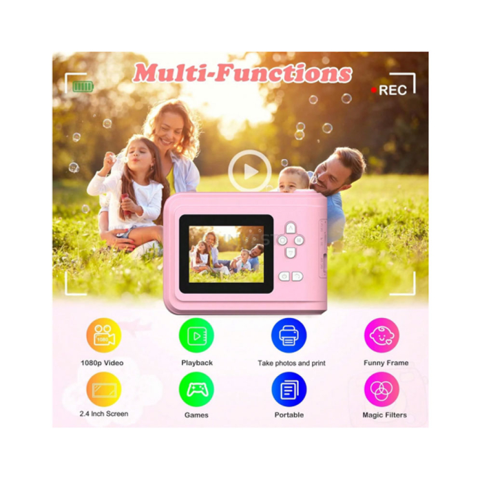 Aparat foto instant pentru copii RedLine S7 Pink, foto si video 1080P, printare instant alb-negru, ecran 2.4 inch, zoom 2X-6X, filtre si rame, jocuri integrate, card SD, cablu type-C, portabil, Roz [7]