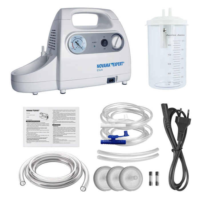 Aspirator electric Novama Expert ESUX 7E-C, cu pompa fara ulei, destinat aspirarii eficiente a lichidelor biologice, vacuum maxim 75 kPa, recipient 1000 ml, functionare silentioasa, 2 catetere, filtre [9]