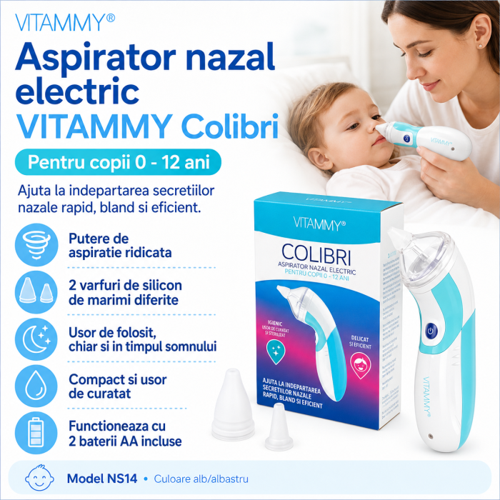 Aspirator nazal electric VITAMMY Colibri, 2 varfuri de silicon, pentru copii 0 - 12 ani, Model #NS14 [2]