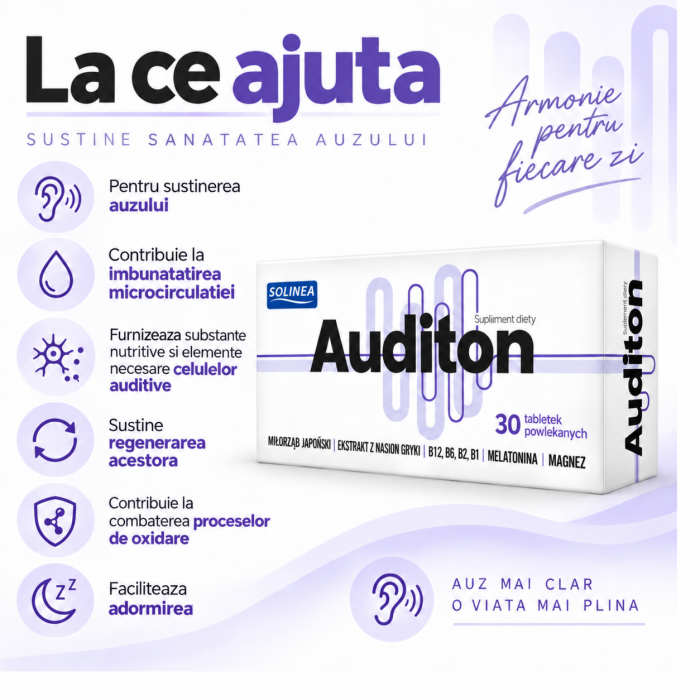 Supliment alimentar Solinea Auditon, pentru sustinerea auzului si microcirculatiei, cu extracte vegetale, vitamine, magneziu si melatonina, 30 comprimate [4]