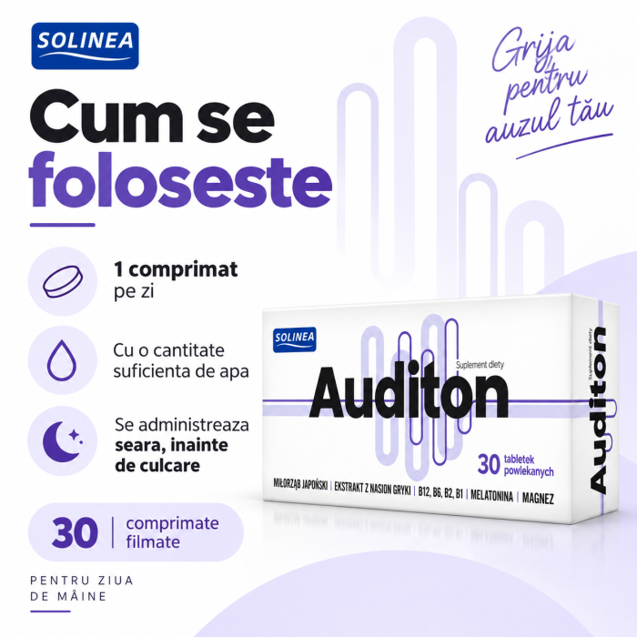 Supliment alimentar Solinea Auditon, pentru sustinerea auzului si microcirculatiei, cu extracte vegetale, vitamine, magneziu si melatonina, 30 comprimate [3]