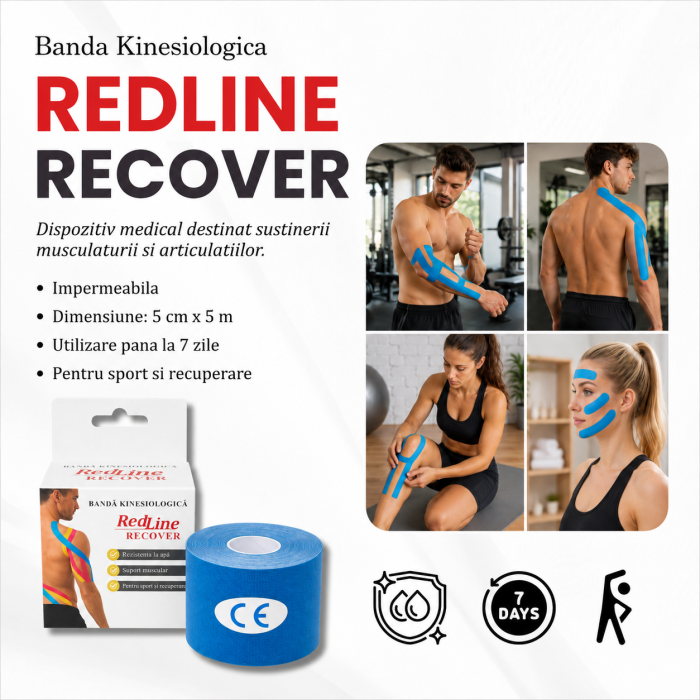 Banda Kinesiologica RedLine Recover Bleu, impermeabila, fara latex, 5 cm x 5 m [2]