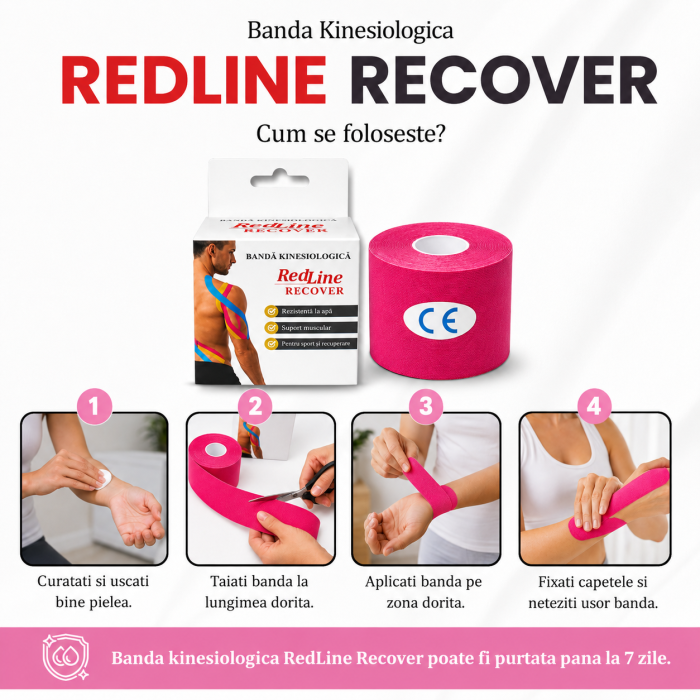 Banda Kinesiologica RedLine Recover Roz, impermeabila, fara latex, 5 cm x 5 m [3]