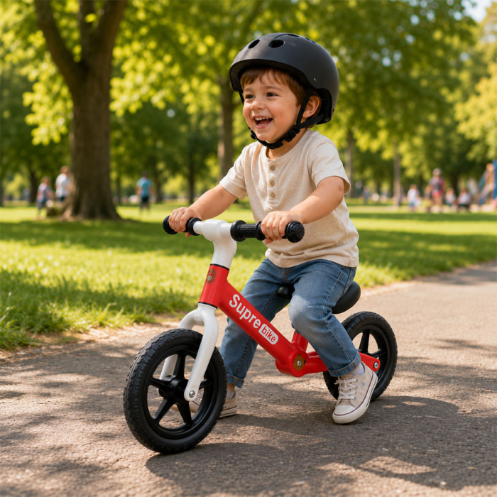 Bicicleta cu doua roti, pentru copii, fara pedale, din otel, anvelope fara camera, cadru usor, ajuta la dezvoltarea echilibrului, motricitatii, fortei si muschilor picioarelor, sarcina maxima suportat [3]