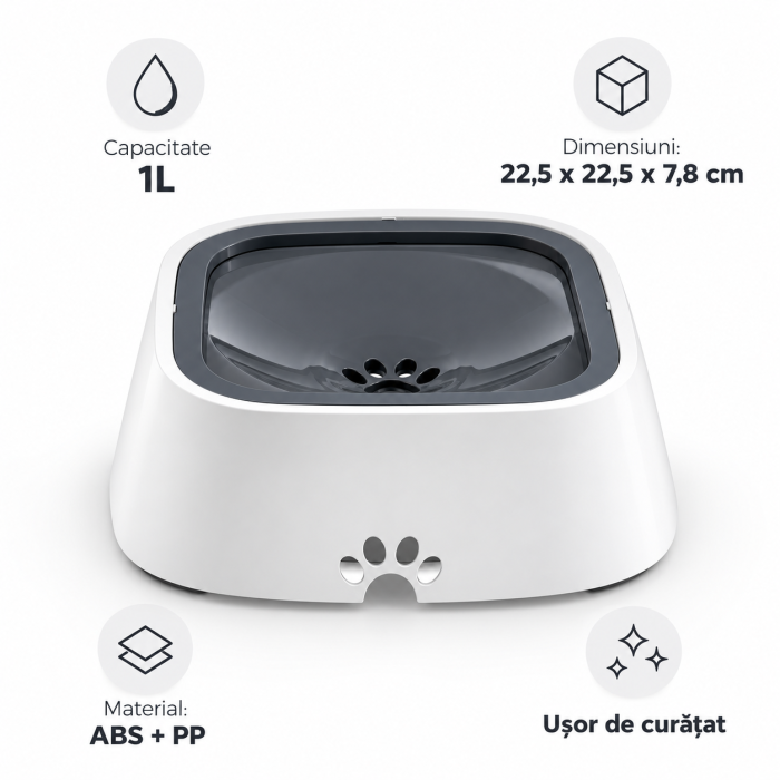 Bol apa animale, anti-varsare, cu disc plutitor, baza antiderapanta cu 4 suporturi cauciuc, materiale sigure si netoxice, 1L, Alb [4]