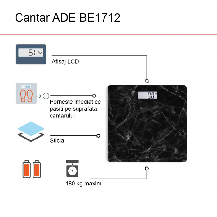 Cantar corporal electronic ADE BE1712 Aurora, model marmura, ecran LCD, Negru [2]