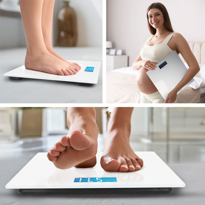 Cantar corporal electronic Vitammy Lamina, pentru copii si adulti, cu suprafata din sticla, ecran digital, tehnologie Step-on, Alb [6]