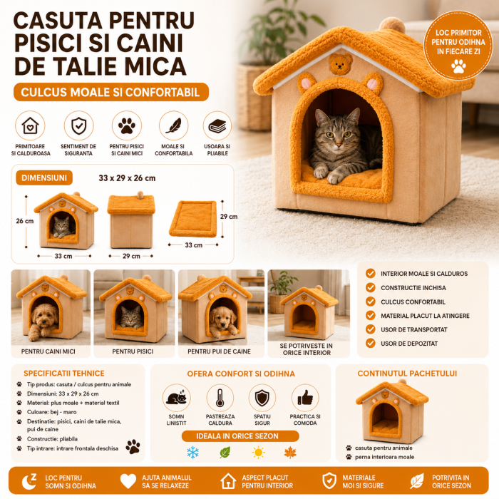 Casuta pentru animale de talie mica, interior moale si calduros, usoara, pliabila, 33 x 29 x 26 cm, Maro [2]