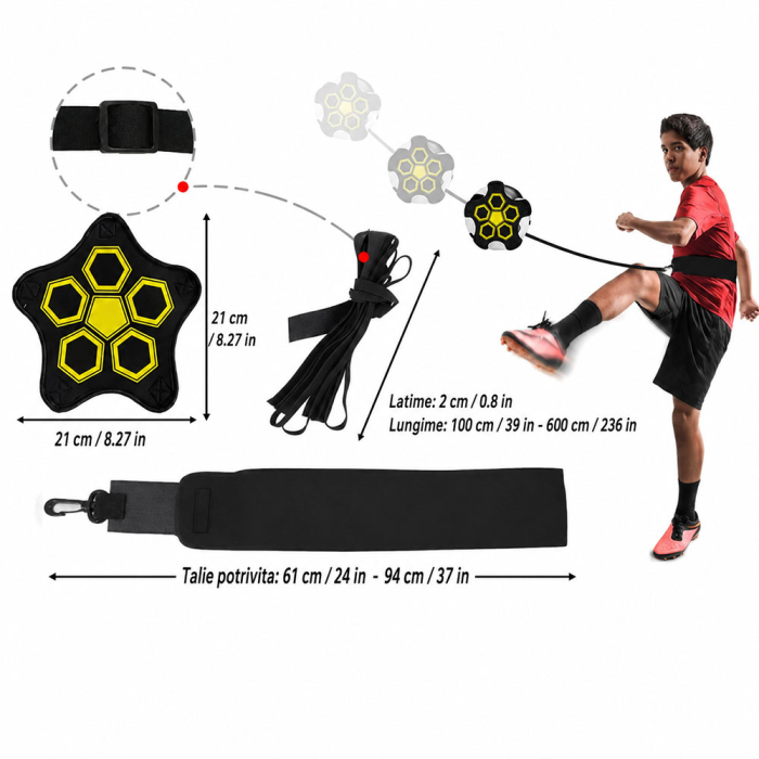 Centura de antrenament fotbal, din material textil, reglabila de la 2 m la 5 m, compatibila cu mingi de marimile 3, 4 si 5, pentru exersarea paselor, suturilor, driblingului si controlului mingii [3]