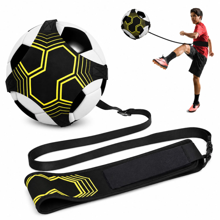 Centura de antrenament fotbal, din material textil, reglabila de la 2 m la 5 m, compatibila cu mingi de marimile 3, 4 si 5, pentru exersarea paselor, suturilor, driblingului si controlului mingii [2]