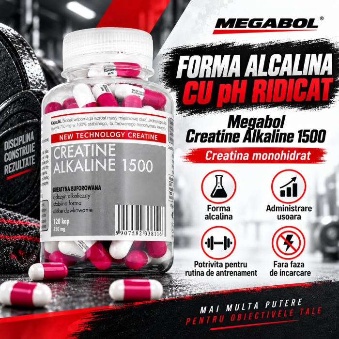 Creatina Megabol CREATINE ALKALINE 1500, 120 capsule, creatina monohidrat cu Ph ridicat, nu este necesara faza de incarcare [4]