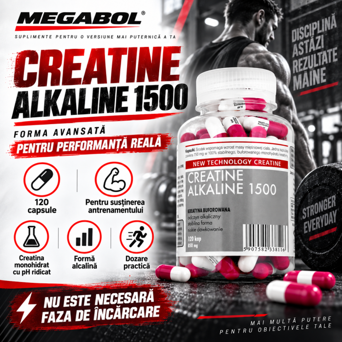 Creatina Megabol CREATINE ALKALINE 1500, 120 capsule, creatina monohidrat cu Ph ridicat, nu este necesara faza de incarcare [3]
