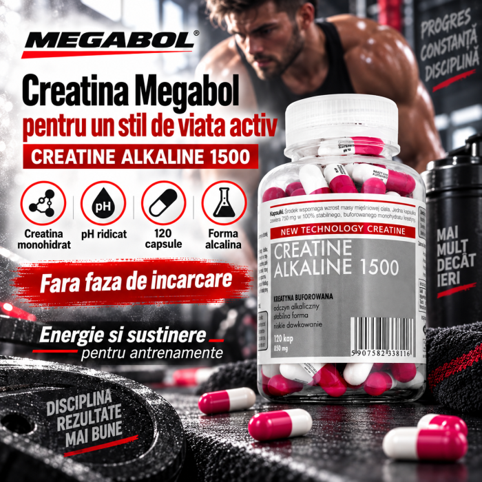 Creatina Megabol CREATINE ALKALINE 1500, 120 capsule, creatina monohidrat cu Ph ridicat, nu este necesara faza de incarcare [2]