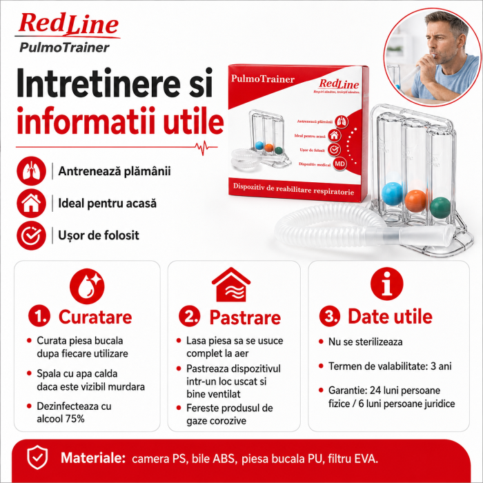 Dispozitiv de reabilitare respiratorie, spirometru RedLine PulmoTrainer, pentru exercitii de respiratie si antrenare pulmonara, trei camere, Alb [5]