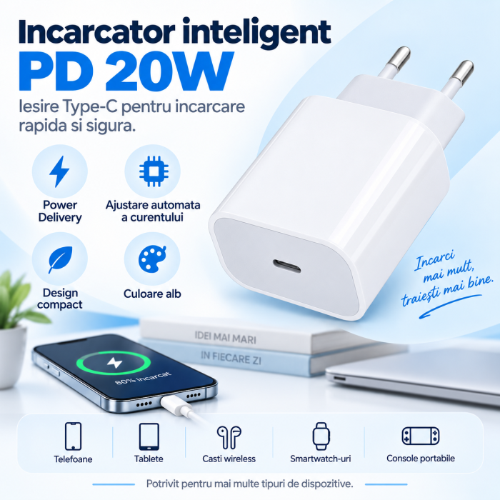 Incarcator inteligent retea PD, iesire Type-C, 20W, incarcare rapida si sigura, ajustare automata a intensitatii curentului, Alb [5]