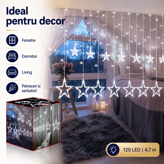 Instalatie luminoasa LED tip perdea, cu stelute, potrivita pentru Craciun, petreceri, decorarea incaperilor, lumina alba rece, 120 LED, 4.7 m lungime, Argintiu [4]