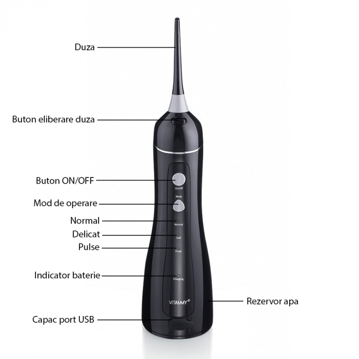 Irigator oral/ dus bucal Vitammy Hydra, profesional, 3 moduri de functionare, rezistent la apa, 2 duze, Negru [2]