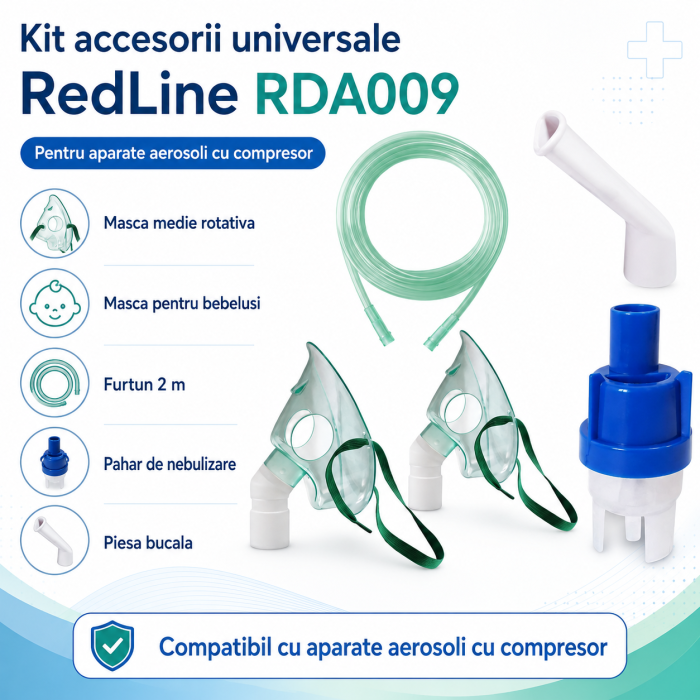 Kit accesorii universale pentru aparate aerosoli cu compresor RedLine RDA009, masca medie rotativa, masca bebelusi, furtun 2 m, pahar de nebulizare, piesa bucala [2]