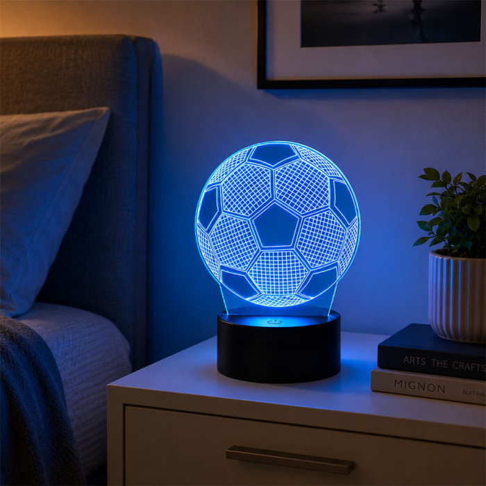 Lampa LED 3D, forma minge de fotbal, cu telecomanda, schimbarea modurilor de iluminare si a culorilor, reglarea intensitatii luminii, buton tactil, alimentare USB si baterii, Albastru [3]