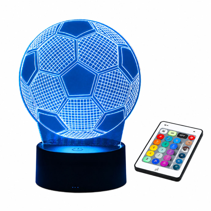 Lampa LED 3D, forma minge de fotbal, cu telecomanda, schimbarea modurilor de iluminare si a culorilor, reglarea intensitatii luminii, buton tactil, alimentare USB si baterii, Albastru [2]