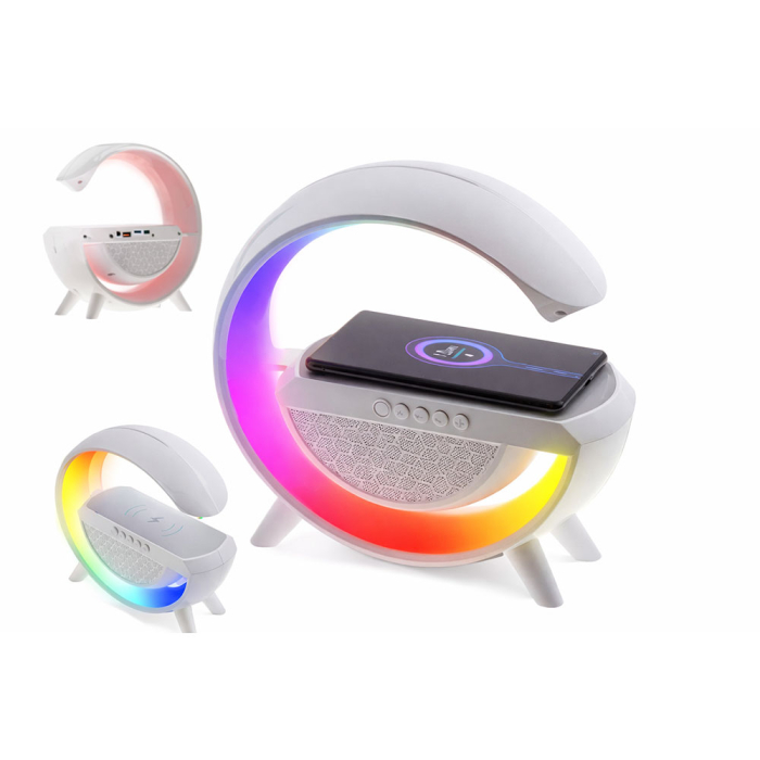 Lampa LED RGB, cu boxa bluetooth si incarcare wireless, difuzor audio, lumina ambientala, suport telefon, usb, design modern, 24 x 23 x 8 cm [3]