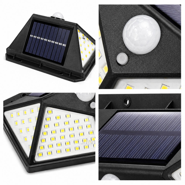 Lampa solara 100 LED, cu senzor de miscare si crepuscul, baterie incorporata 2400 mAh, prevazut cu 3 reflectoare, rezistenta la apa IP65, 3 moduri de iluminare, alb rece 6500K [3]