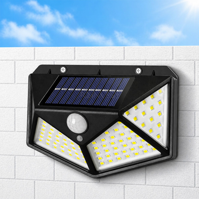 Lampa solara 100 LED, cu senzor de miscare si crepuscul, baterie incorporata 2400 mAh, prevazut cu 3 reflectoare, rezistenta la apa IP65, 3 moduri de iluminare, alb rece 6500K [5]