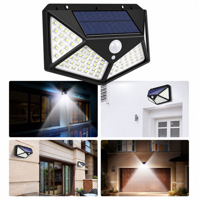 Lampa solara 100 LED, cu senzor de miscare si crepuscul, baterie incorporata 2400 mAh, prevazut cu 3 reflectoare, rezistenta la apa IP65, 3 moduri de iluminare, alb rece 6500K [2]