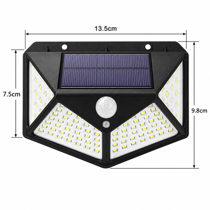 Lampa solara 100 LED, cu senzor de miscare si crepuscul, baterie incorporata 2400 mAh, prevazut cu 3 reflectoare, rezistenta la apa IP65, 3 moduri de iluminare, alb rece 6500K [4]