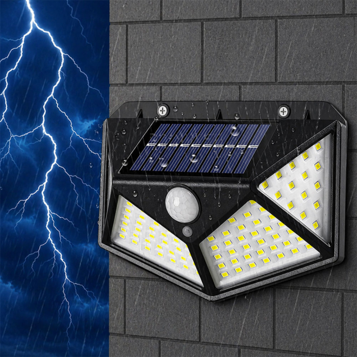 Lampa solara 100 LED, cu senzor de miscare si crepuscul, baterie incorporata 2400 mAh, prevazut cu 3 reflectoare, rezistenta la apa IP65, 3 moduri de iluminare, alb rece 6500K [7]